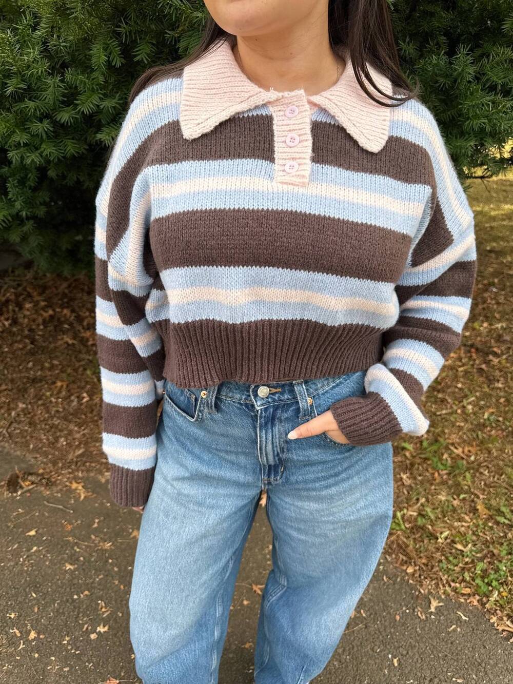 NEW LE LIS alaina collared sweater in brown light blue stripe